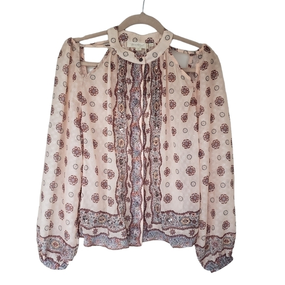 Anthropologie Cut Out Shoulder Long Sleeve Chiffon Blouse Boho Ethnic - Picture 4 of 13
